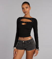 All Eyes On You Studded Cutout Long Sleeve Top