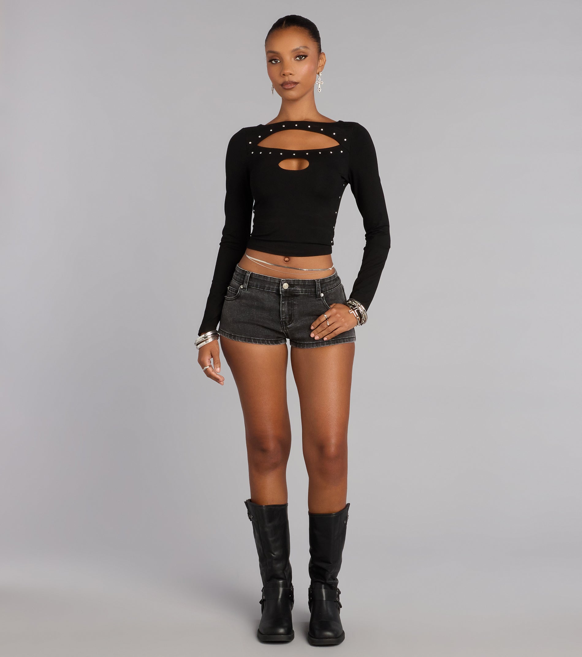 All Eyes On You Studded Cutout Long Sleeve Top