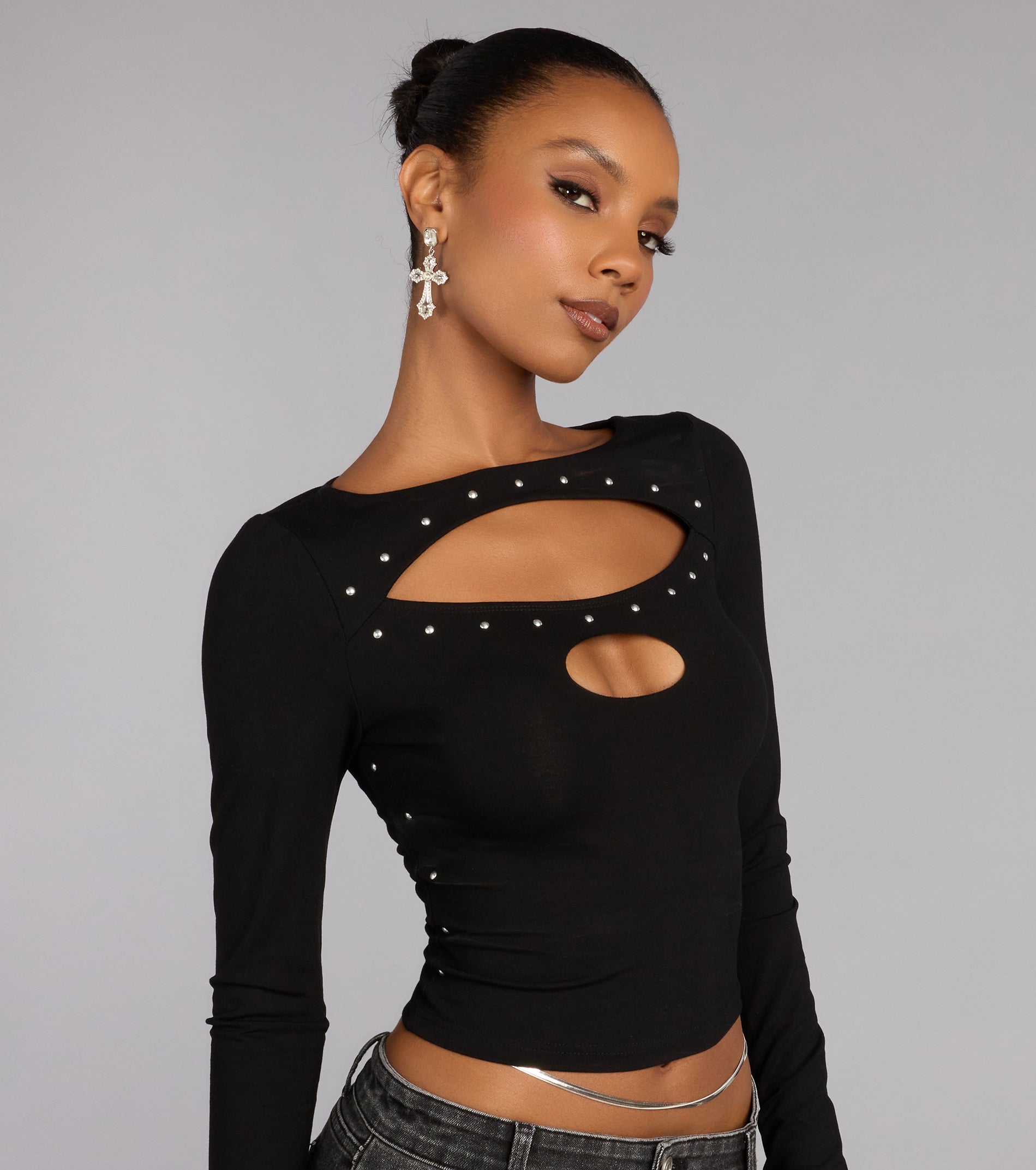 All Eyes On You Studded Cutout Long Sleeve Top