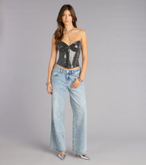 Center Of The Vibe Sequin Denim Bustier