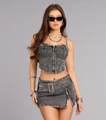 No Apologies Denim Lace Trim Crop Top