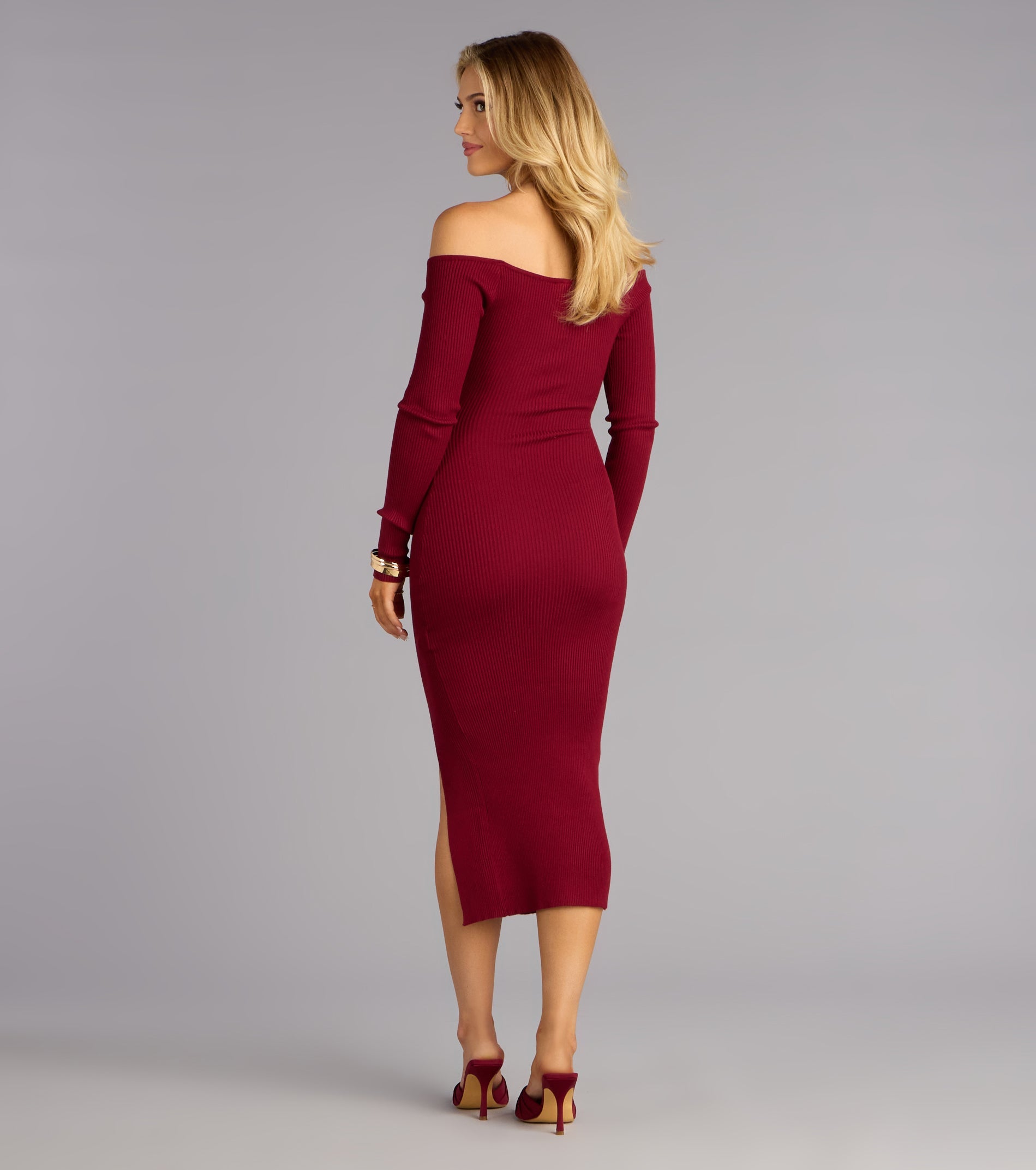 Chic Attitude Ribbed Knit Off-The-Shoulder Midi Dress