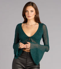 Flirty Glam Glitter Mesh Tie-Front Top