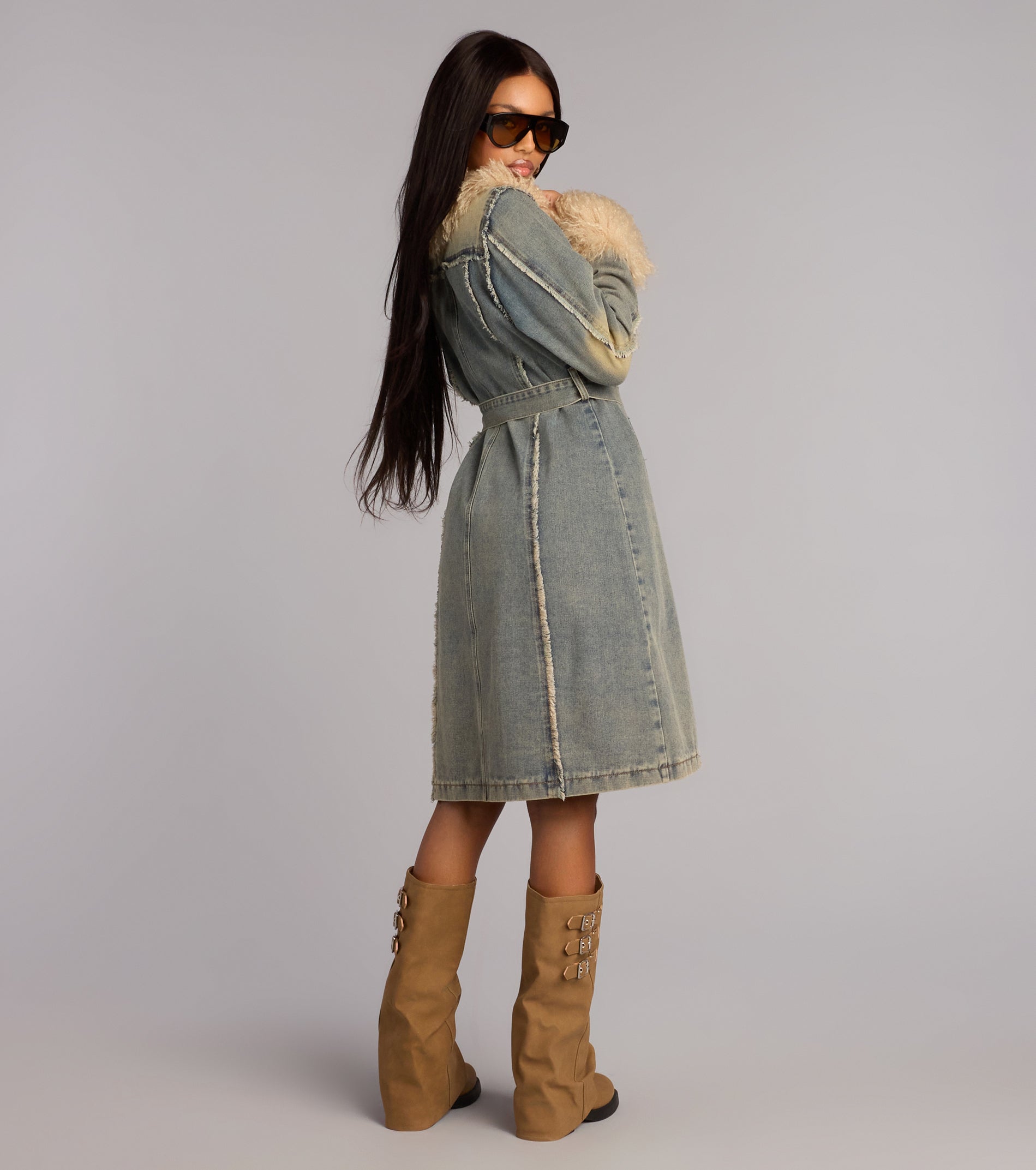Cold Front Confidence Faux Fur Denim Trench Coat