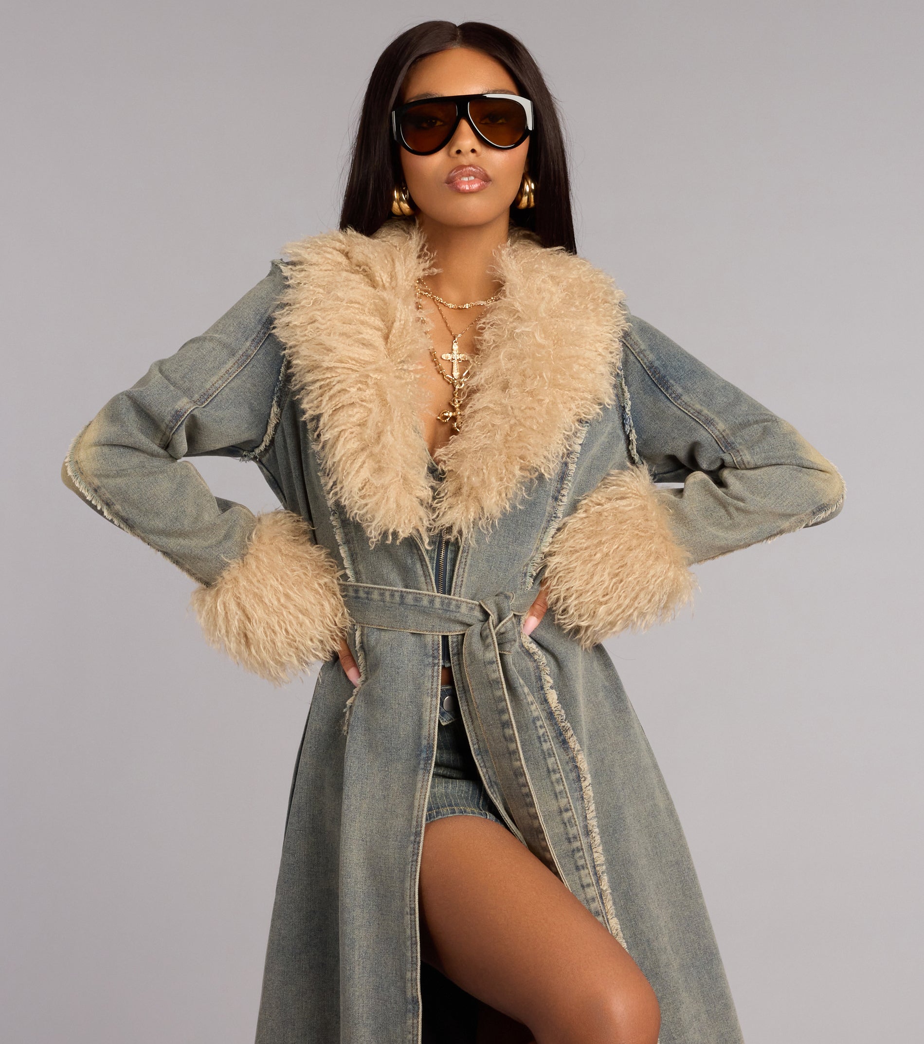 Cold Front Confidence Faux Fur Denim Trench Coat