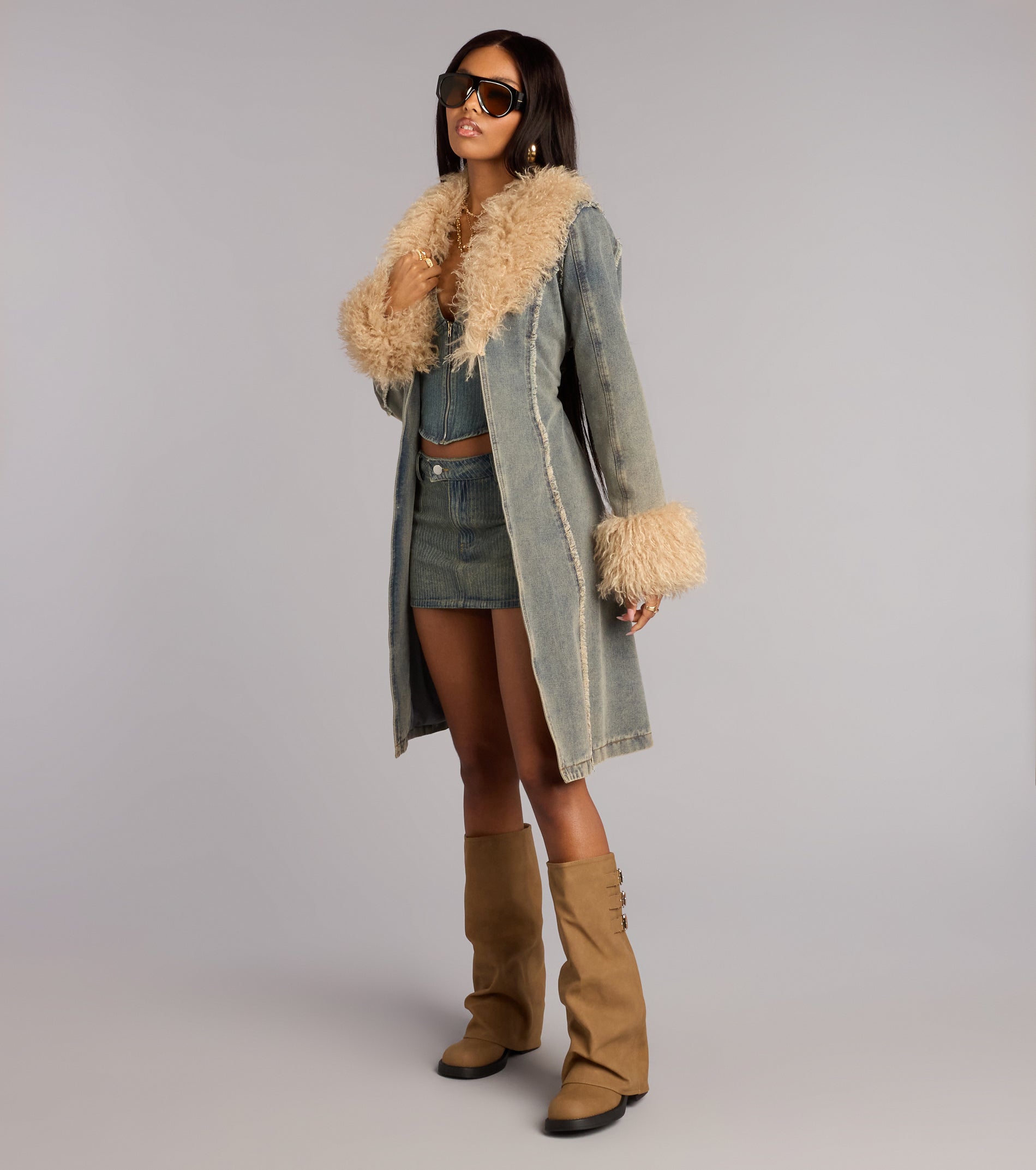 Cold Front Confidence Faux Fur Denim Trench Coat