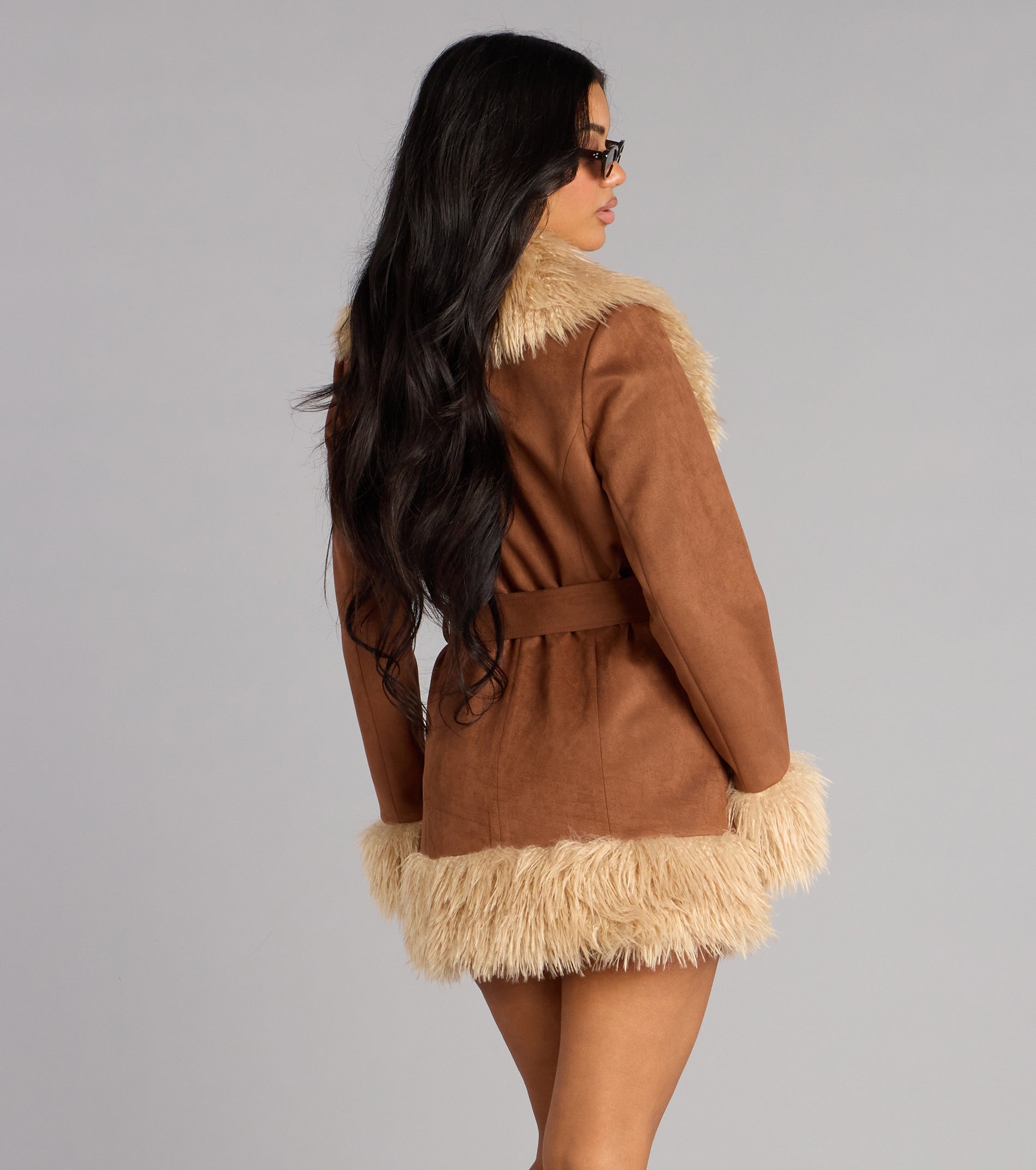 Chic Icon Faux Fur Trim Suede Coat