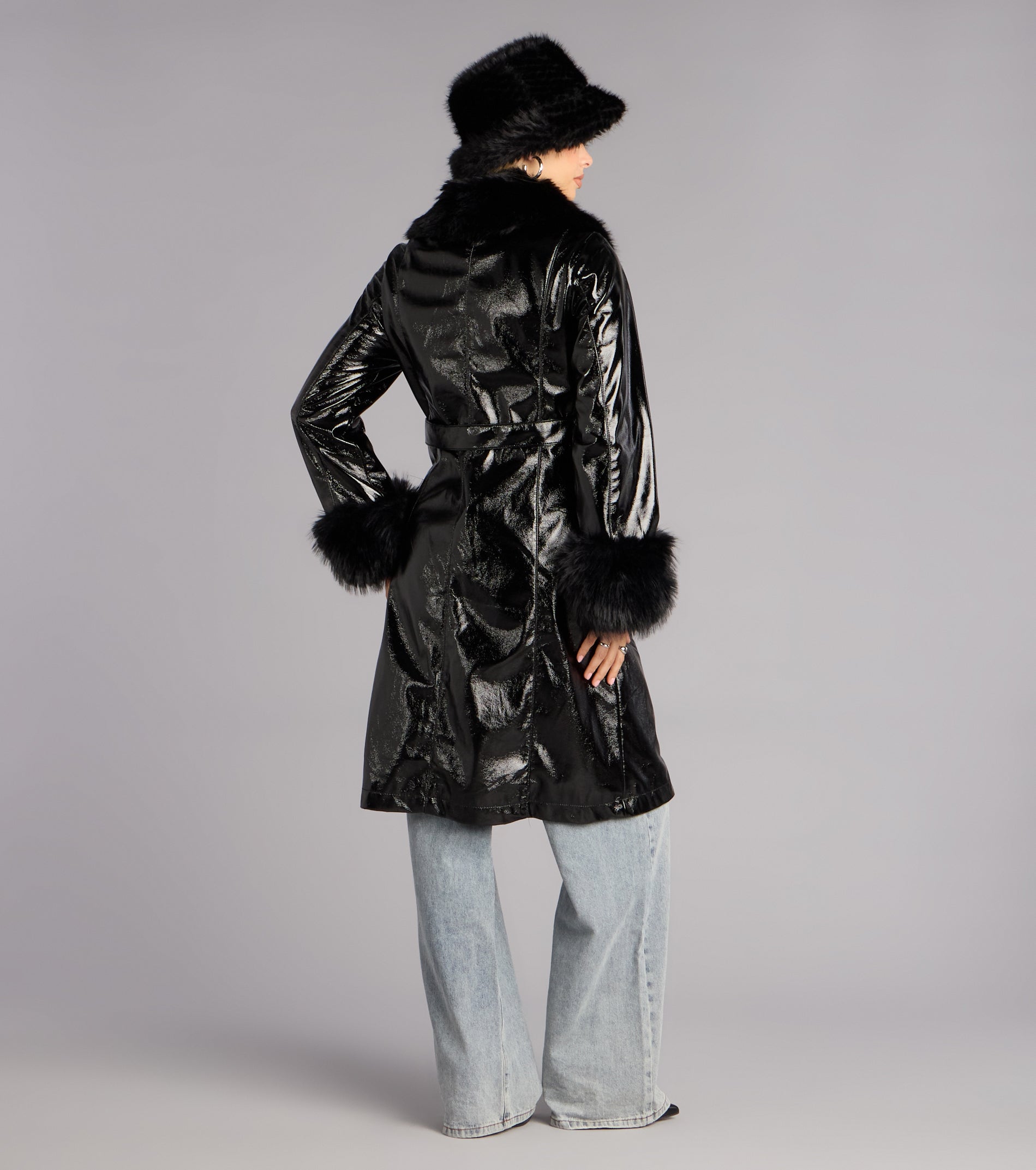 Glam Games Faux Fur Trim Trench Coat