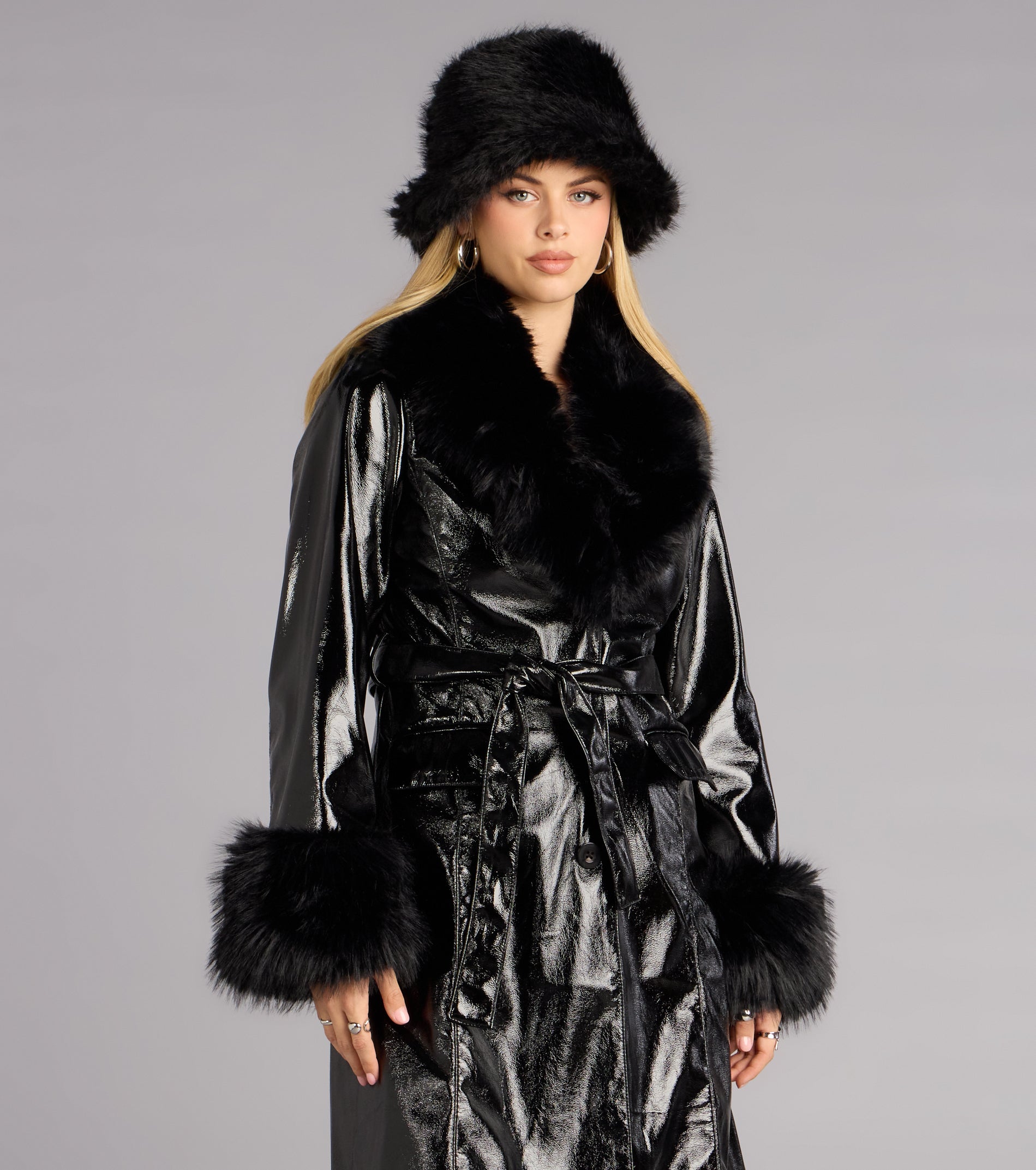 Glam Games Faux Fur Trim Trench Coat