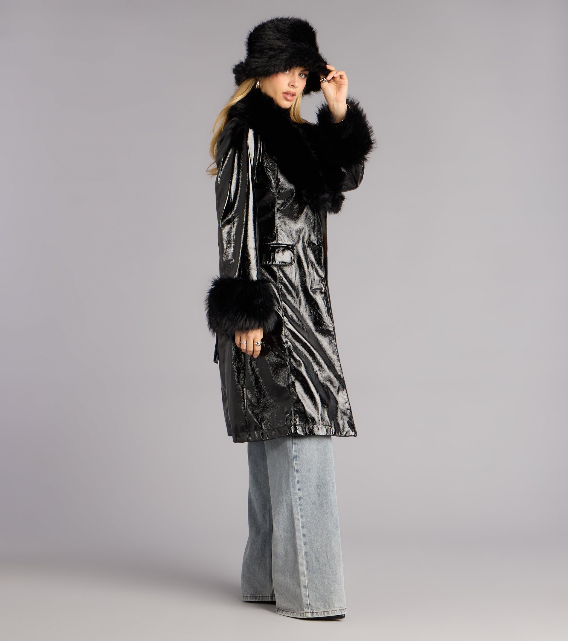 Glam Games Faux Fur Trim Trench Coat