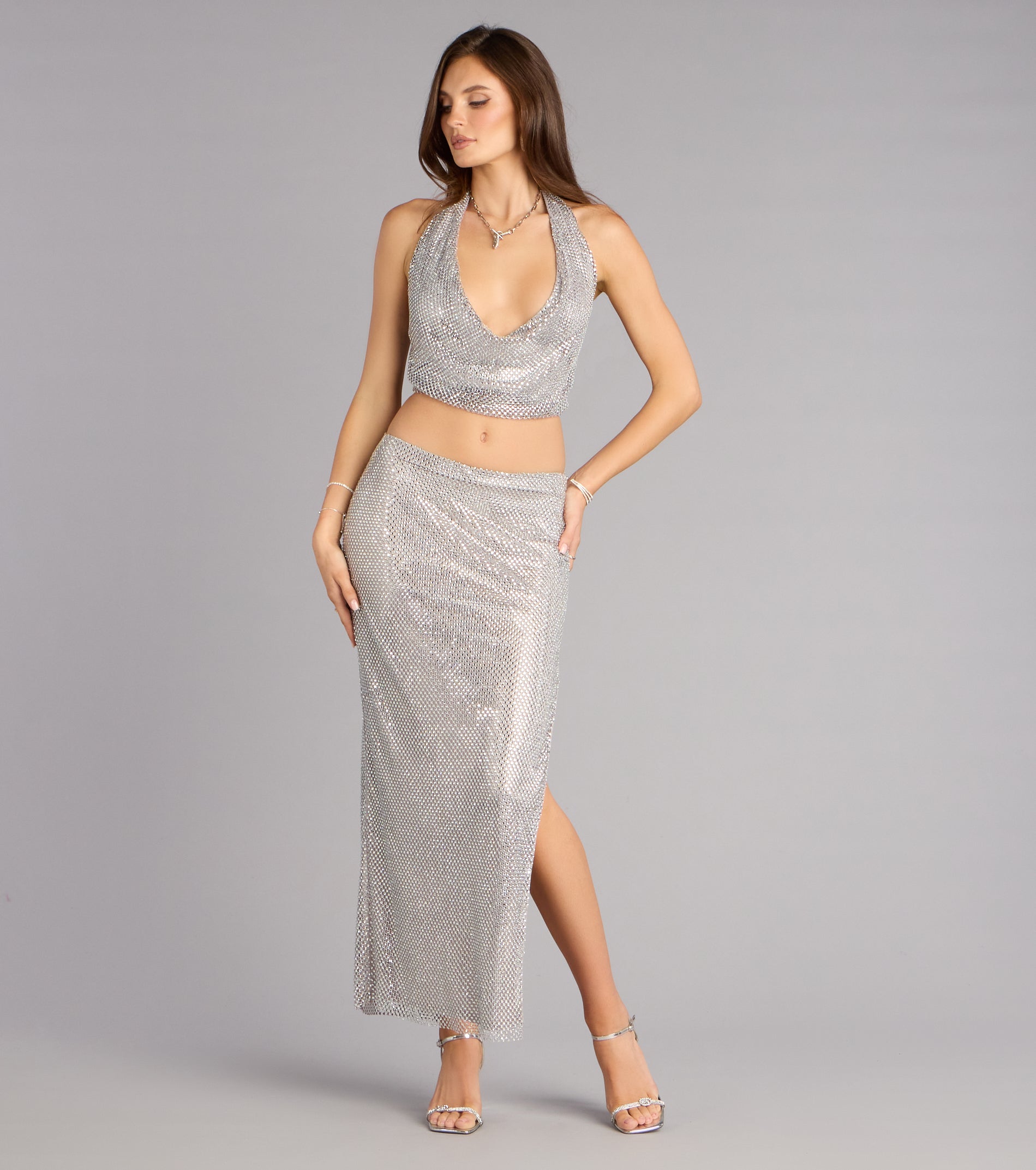Cue The Sparkle Rhinestone Fishnet Maxi Skirt