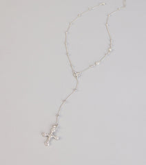 Soft Shine Rhinestone Cross Lariat Necklace