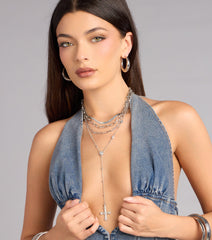 Soft Shine Rhinestone Cross Lariat Necklace