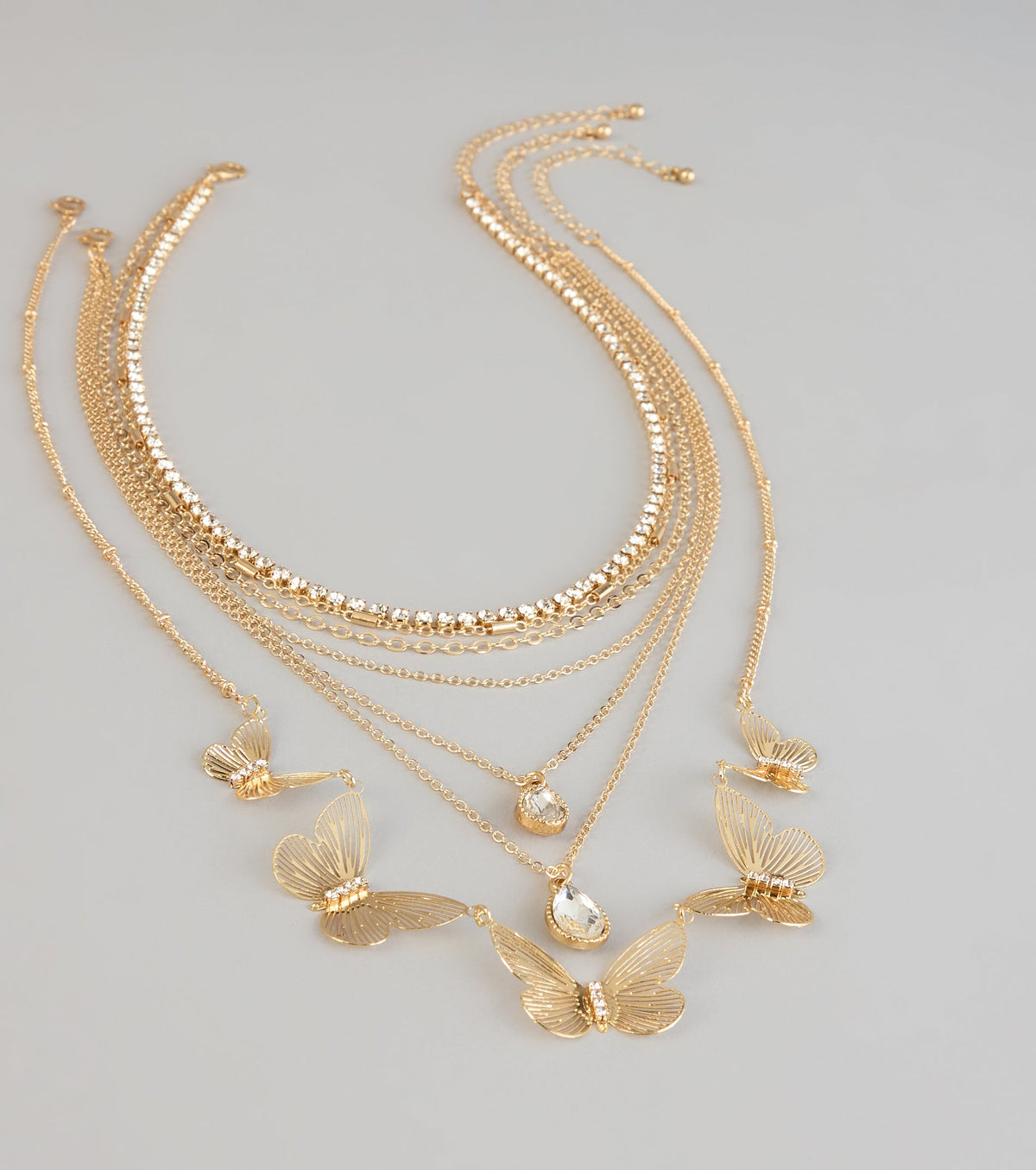 Golden Hour Glow Rhinestone Butterfly Layered Necklace
