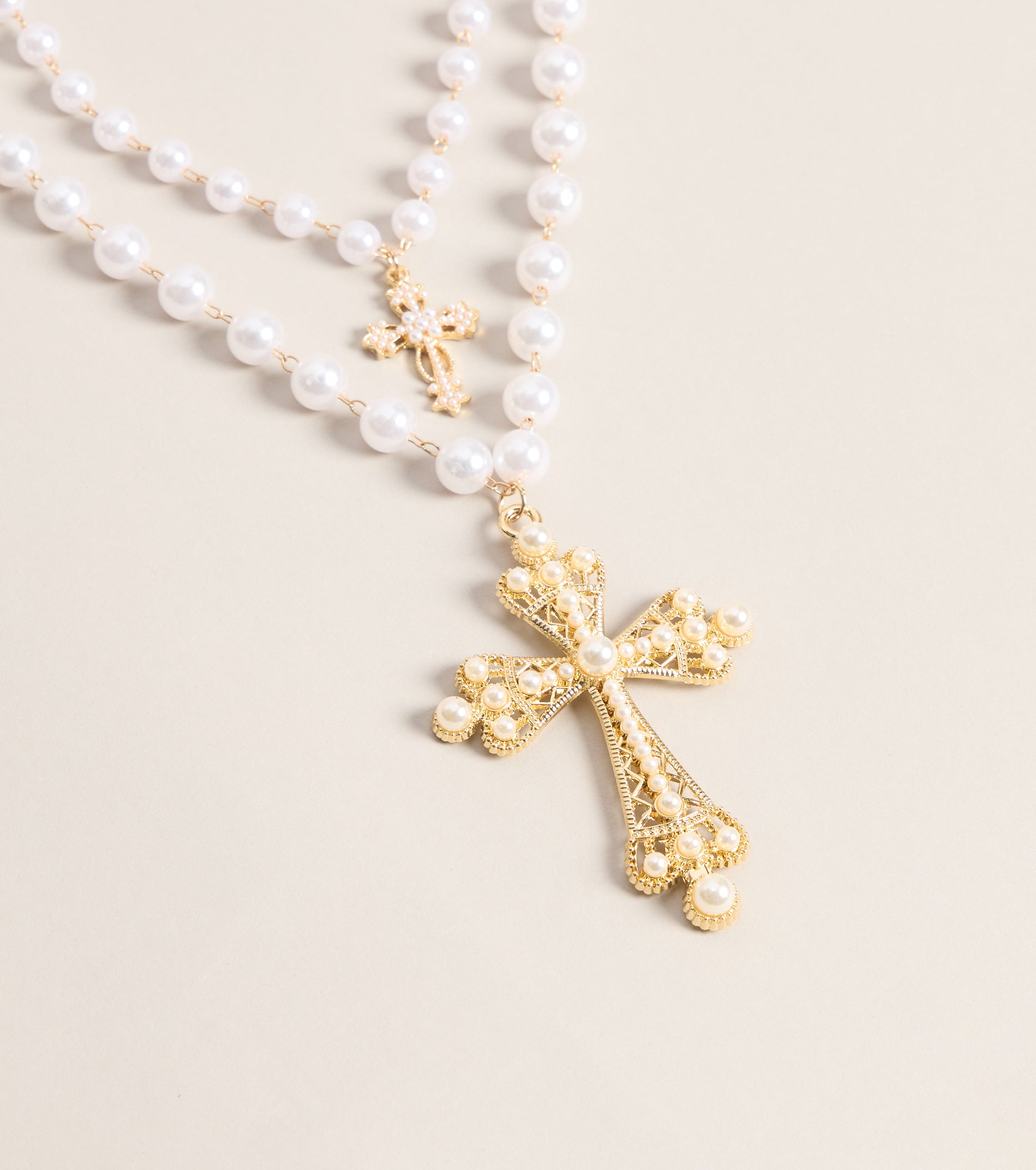 Soft Drama Faux Pearl Cross Necklace