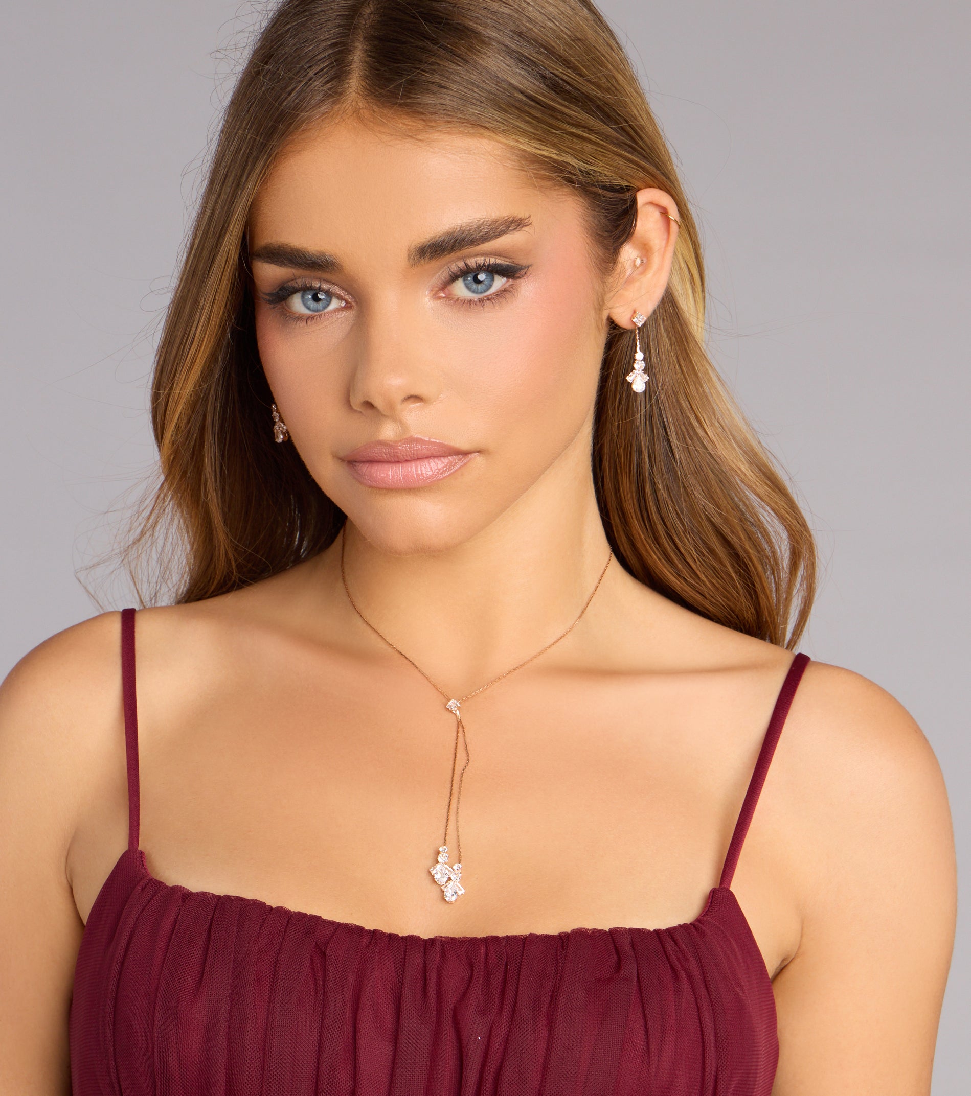 Soft Sparkle Rhinestone Lariat Necklace And Earrings Set