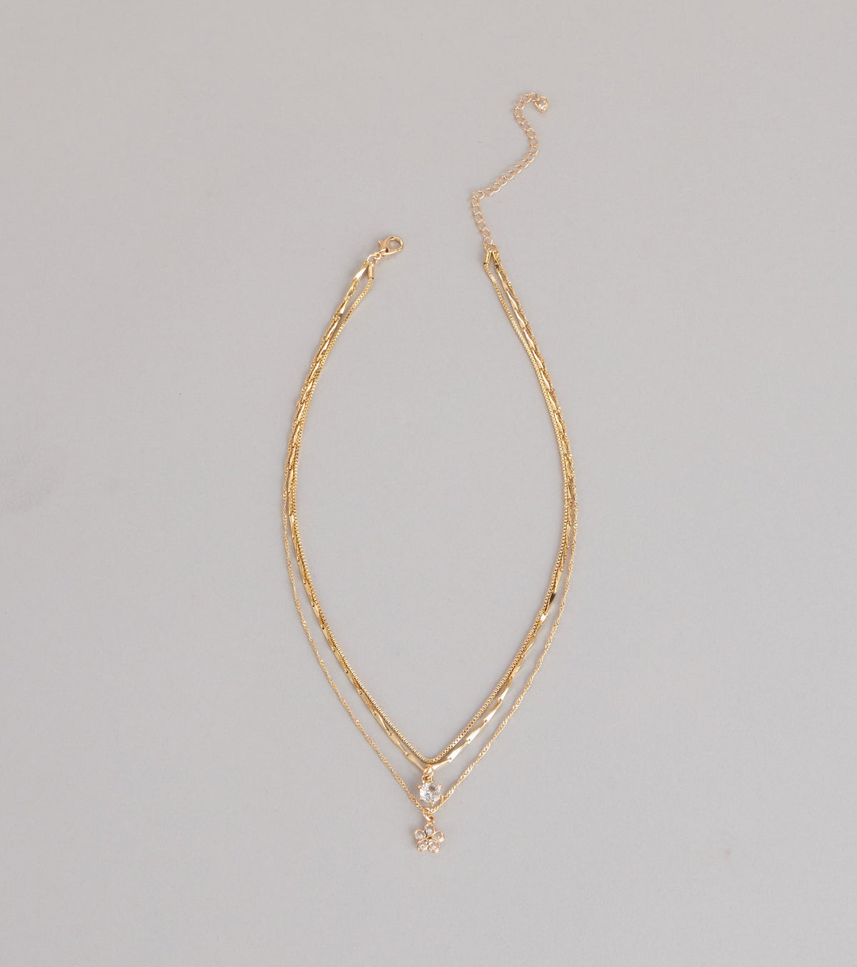 Pretty Glam Rhinestone Flower Charm Layered Necklace