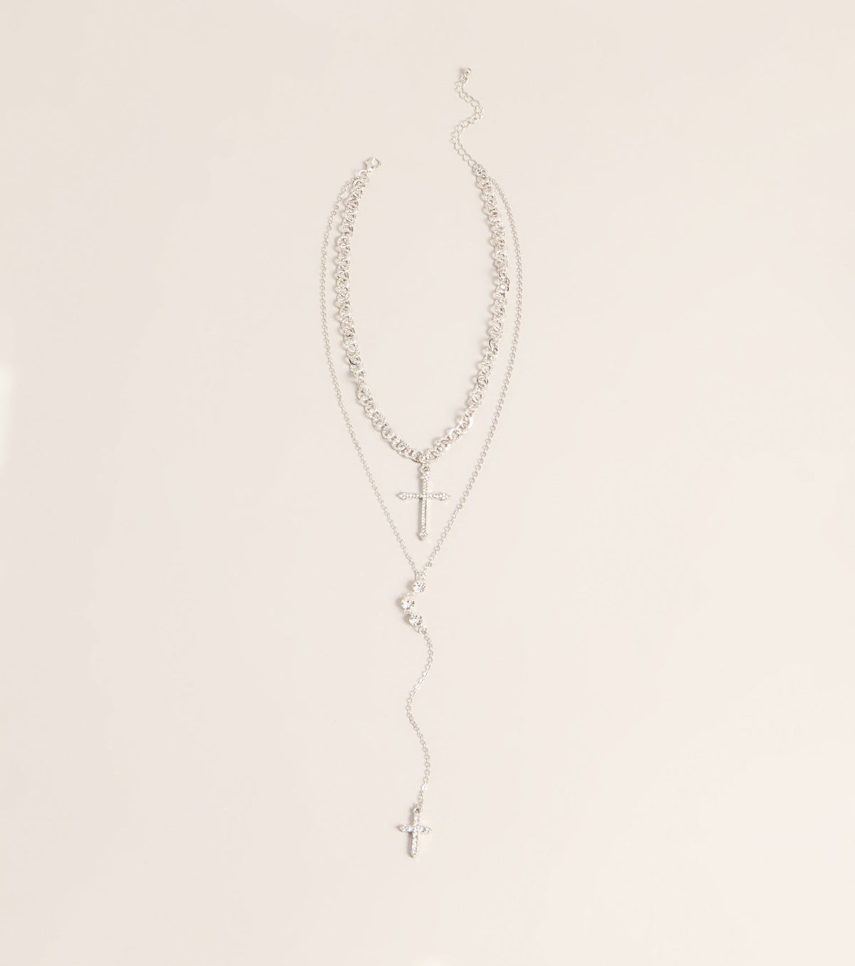 Layered Sparkle Rhinestone Cross Charm Lariat Necklace