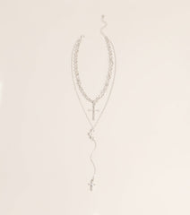 Layered Sparkle Rhinestone Cross Charm Lariat Necklace