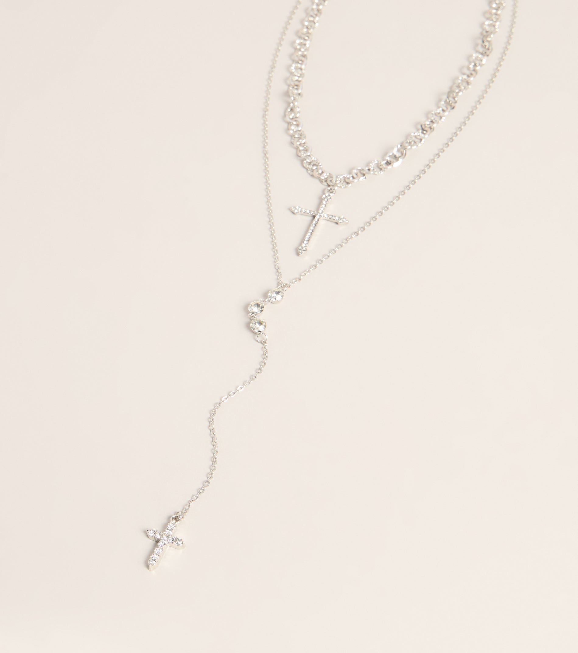 Layered Sparkle Rhinestone Cross Charm Lariat Necklace
