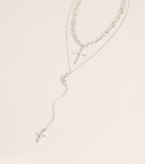 Layered Sparkle Rhinestone Cross Charm Lariat Necklace