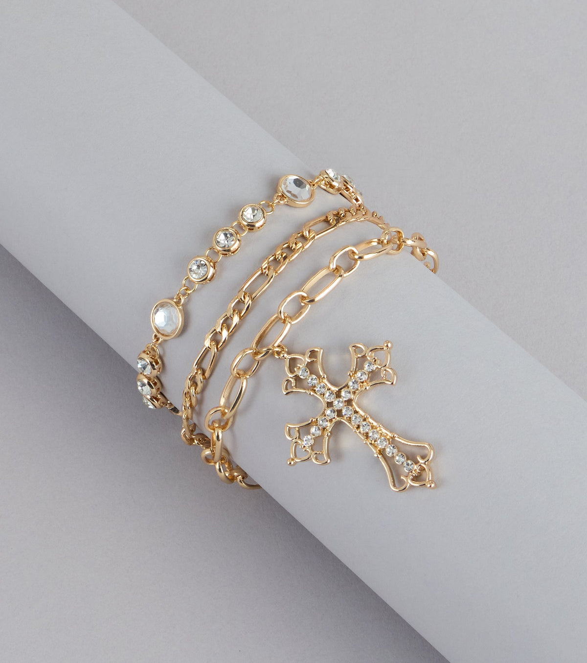Trendy Glam Rhinestone Cross Charm Anklet Set