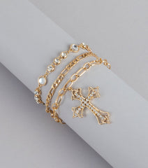 Trendy Glam Rhinestone Cross Charm Anklet Set