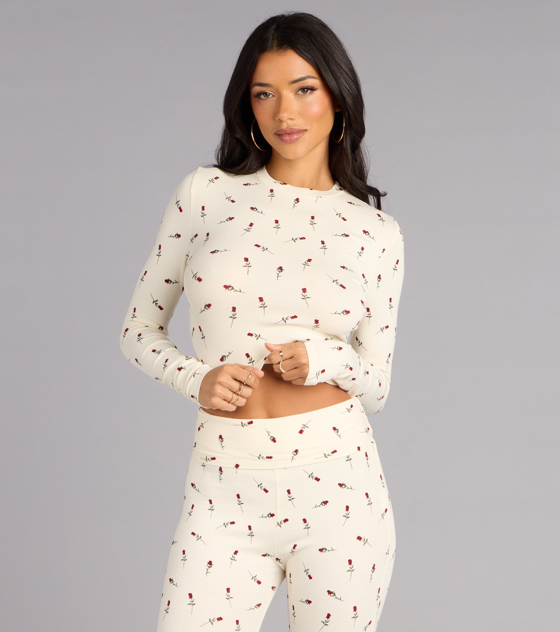 Cozy Bloom Rose Print Knit Pajama Top