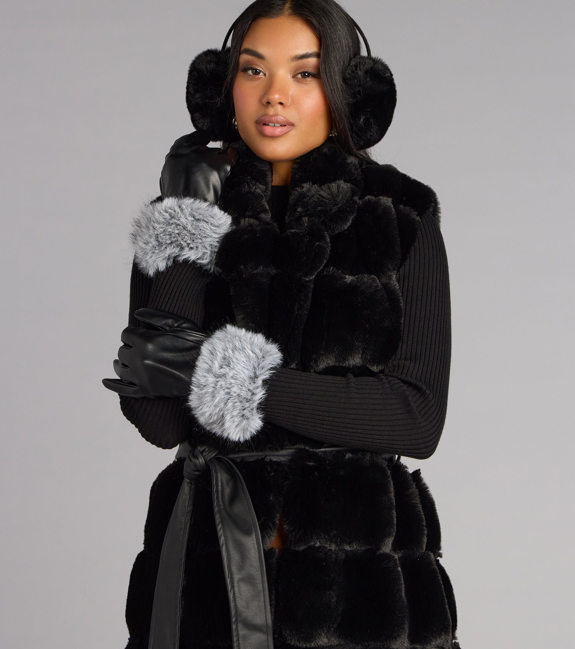 Stay Chic Faux Fur Trim Faux Leather Gloves
