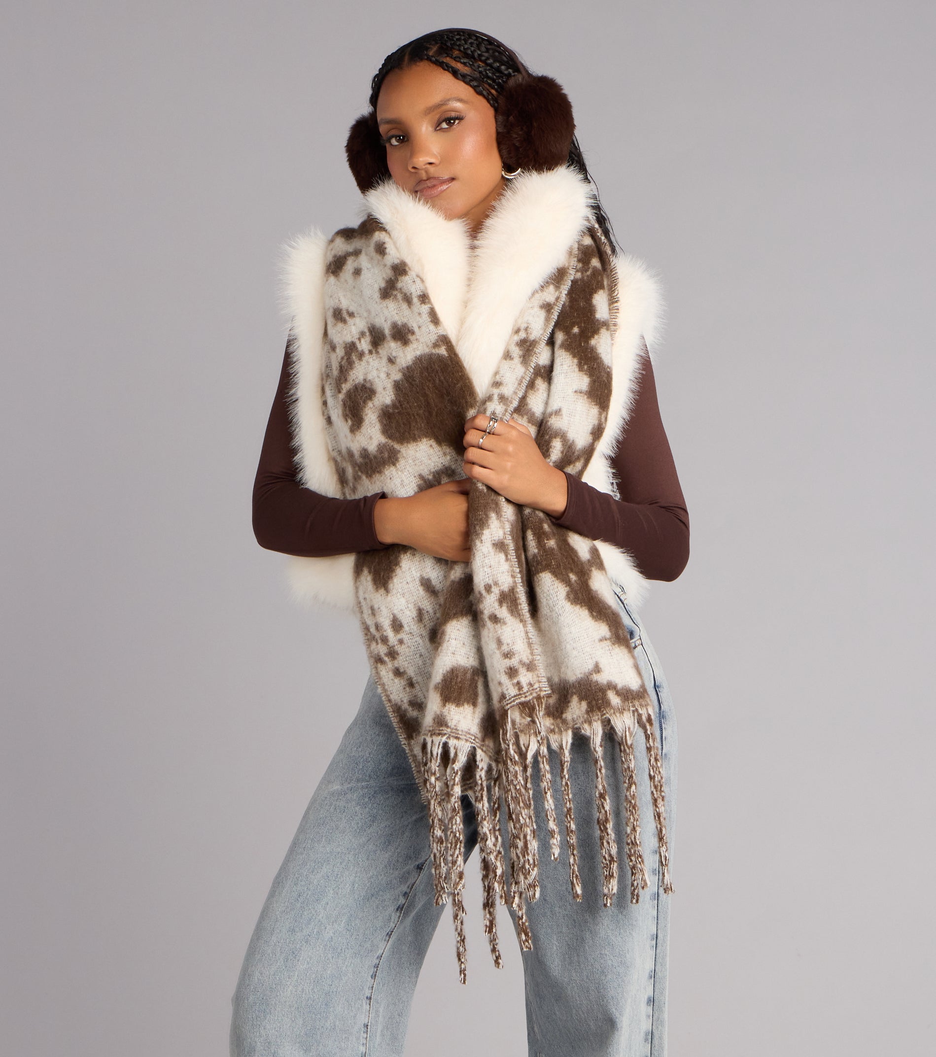 Trend Factor Cow Print Fringe Scarf