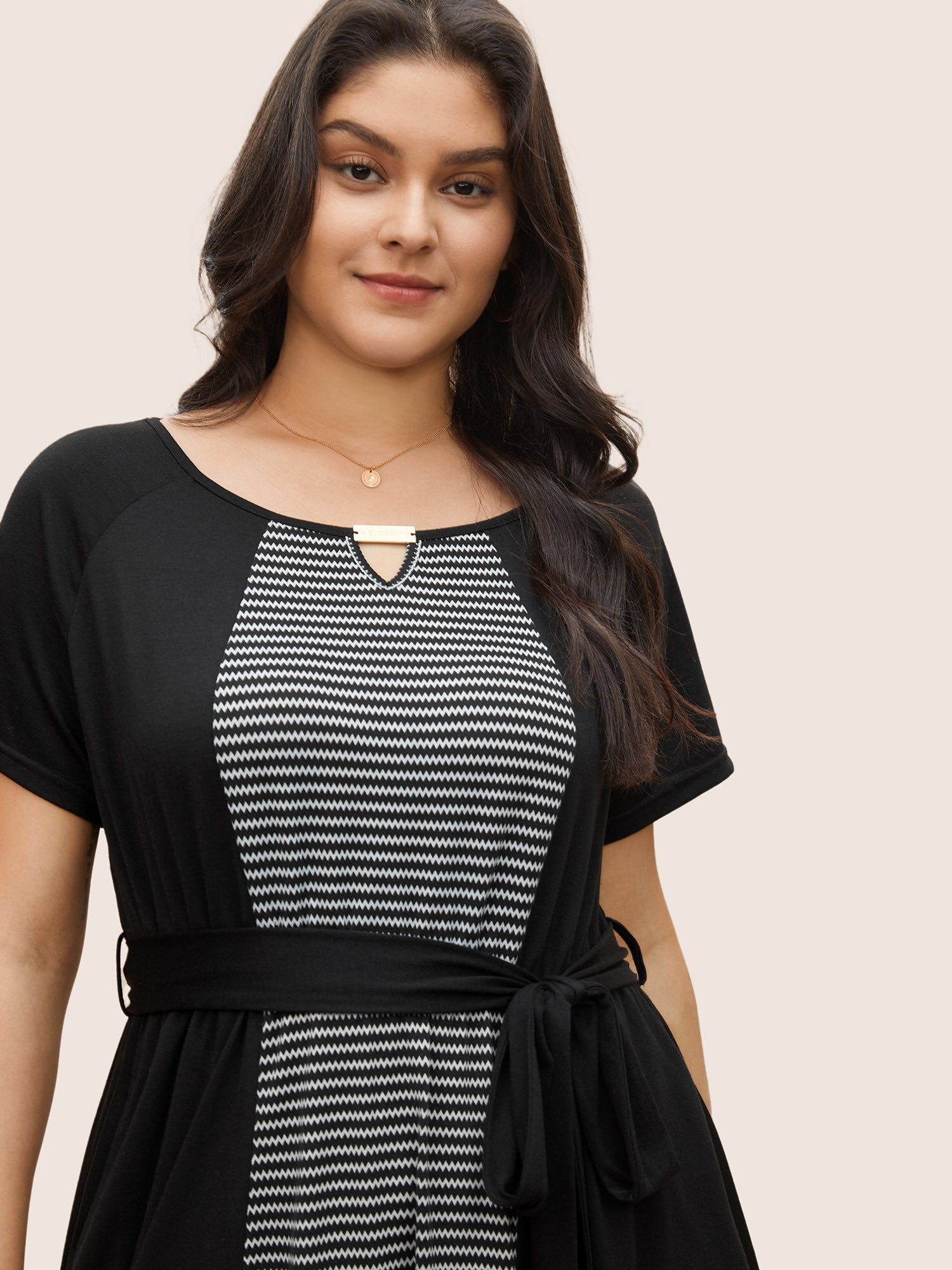 Striped Patchwork Keyhole Belted Raglan Sleeve Dress
