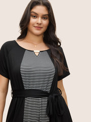 Striped Patchwork Keyhole Belted Raglan Sleeve Dress