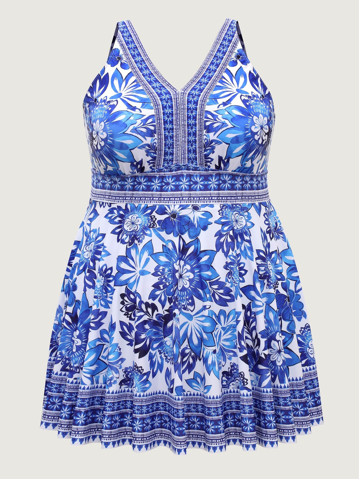 Large Floral Print V-Neck Swim Dress