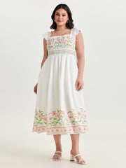 Floral Print Shirred Bodice Midi Dress