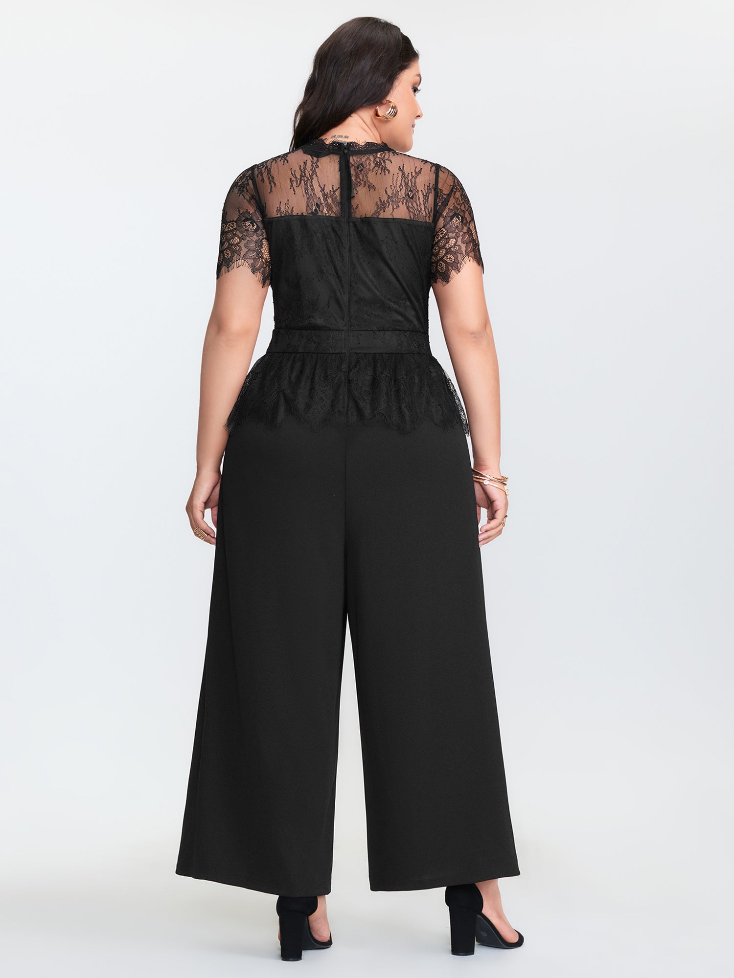 Sheer Lace Neckline Ruffled Waist Jumpsuit