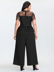 Sheer Lace Neckline Ruffled Waist Jumpsuit