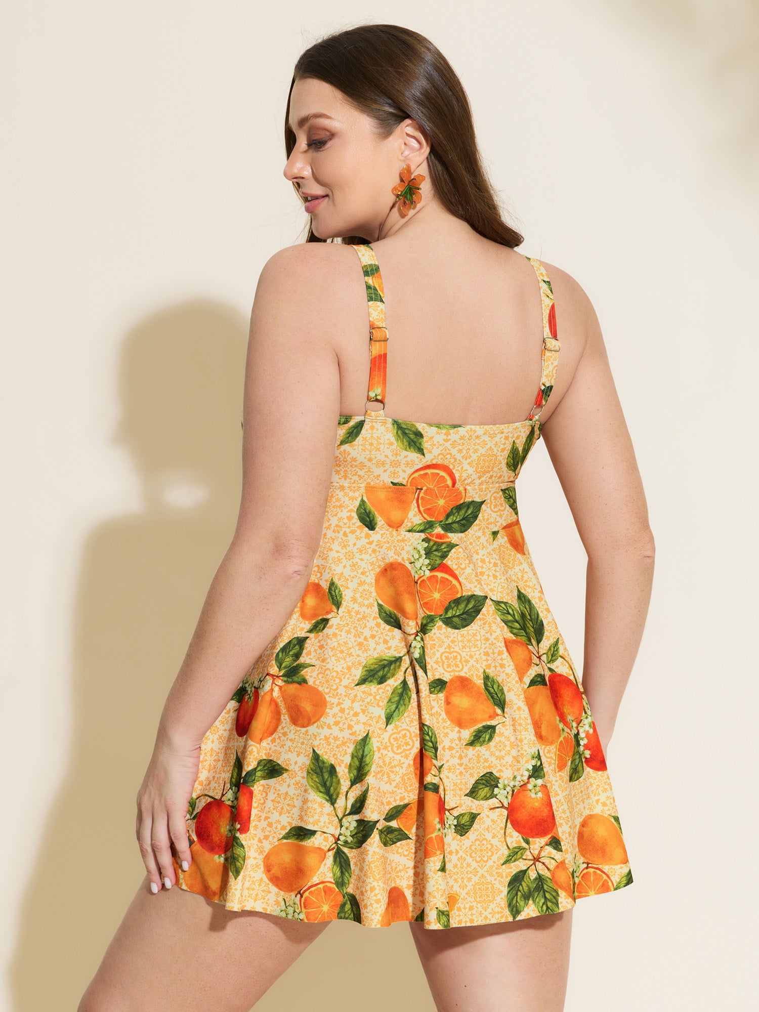 Orange Print Pockets Cut-Out Swim Dress