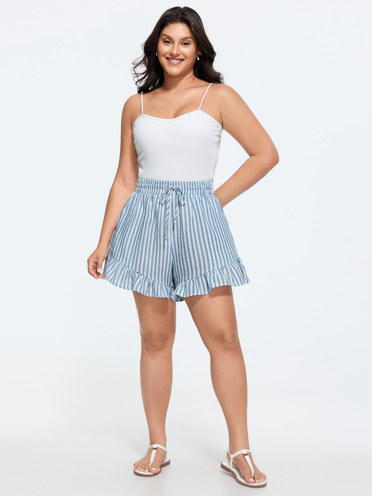 Striped Print Ruffled Hem Shorts