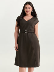 Backless Belted V-Neck Plain Midi Dress