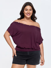 Supersoft Stretchy Button Off-Shoulder Plain T-Shirt