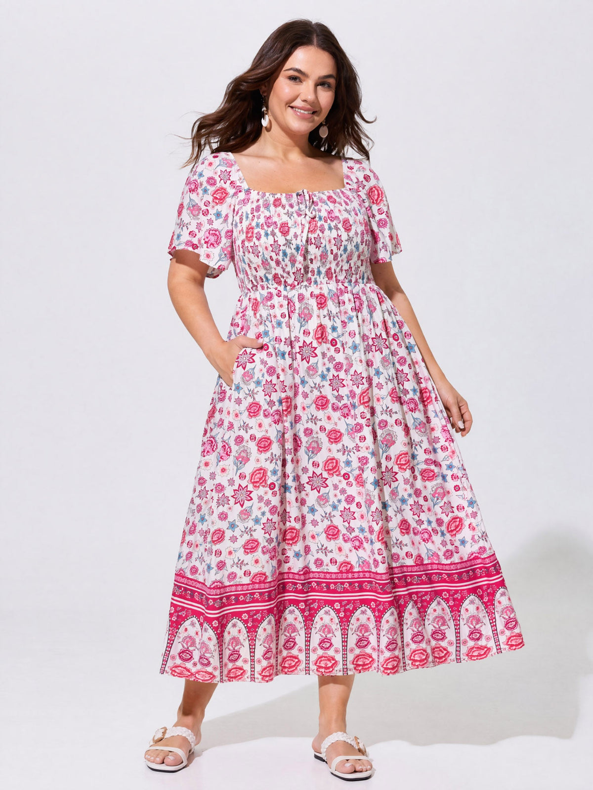 Floral Print Square Shirred Bodice Maxi Dress