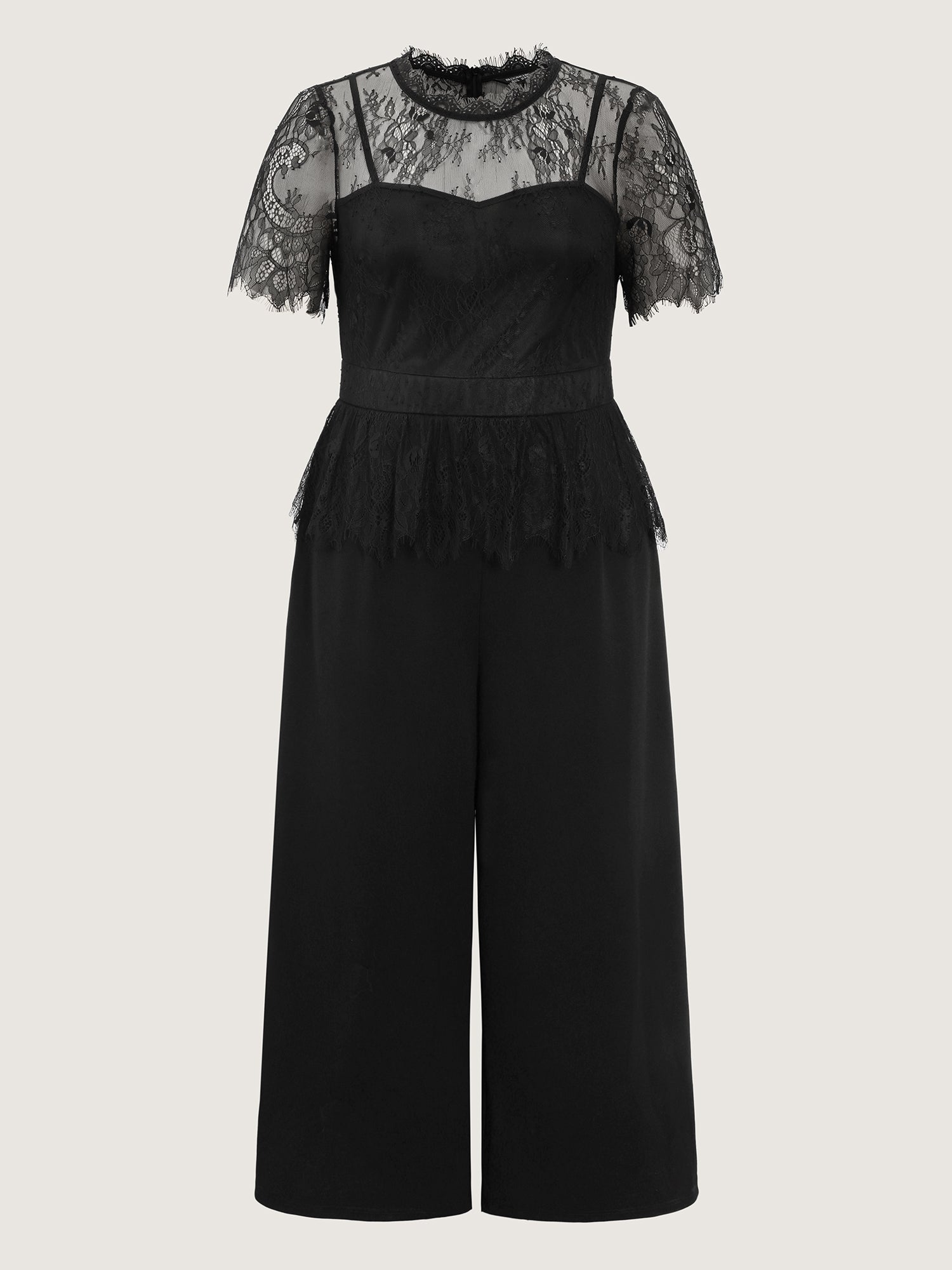 Sheer Lace Neckline Ruffled Waist Jumpsuit