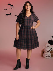 Cotton Retro Plaid Print Tiered Stretchy Mini Dress