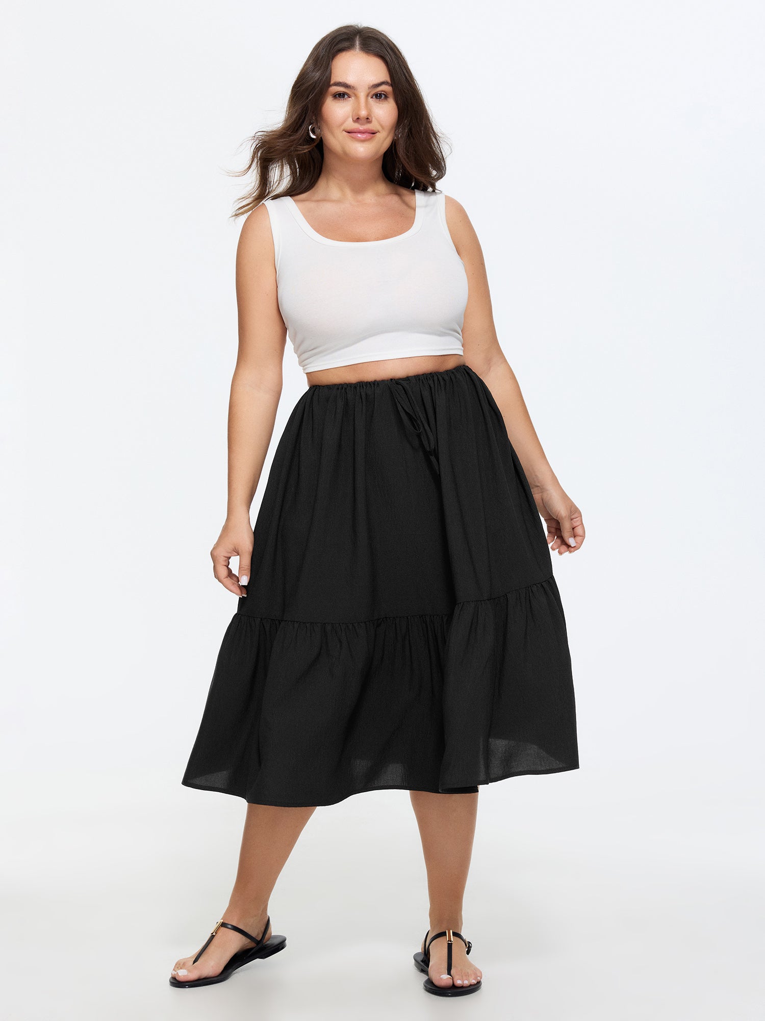 Adjustable Drawstring Waist Plain Tiered Flowy Midi Skirt