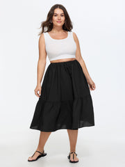 Adjustable Drawstring Waist Plain Tiered Flowy Midi Skirt