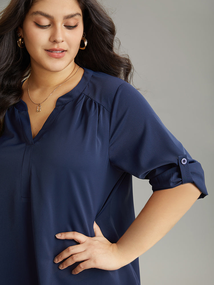 Static-Free Solid Gathered Tab Sleeve Blouse