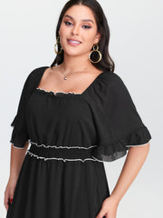 Ruffled Neckline Color Contrast Midi Dress