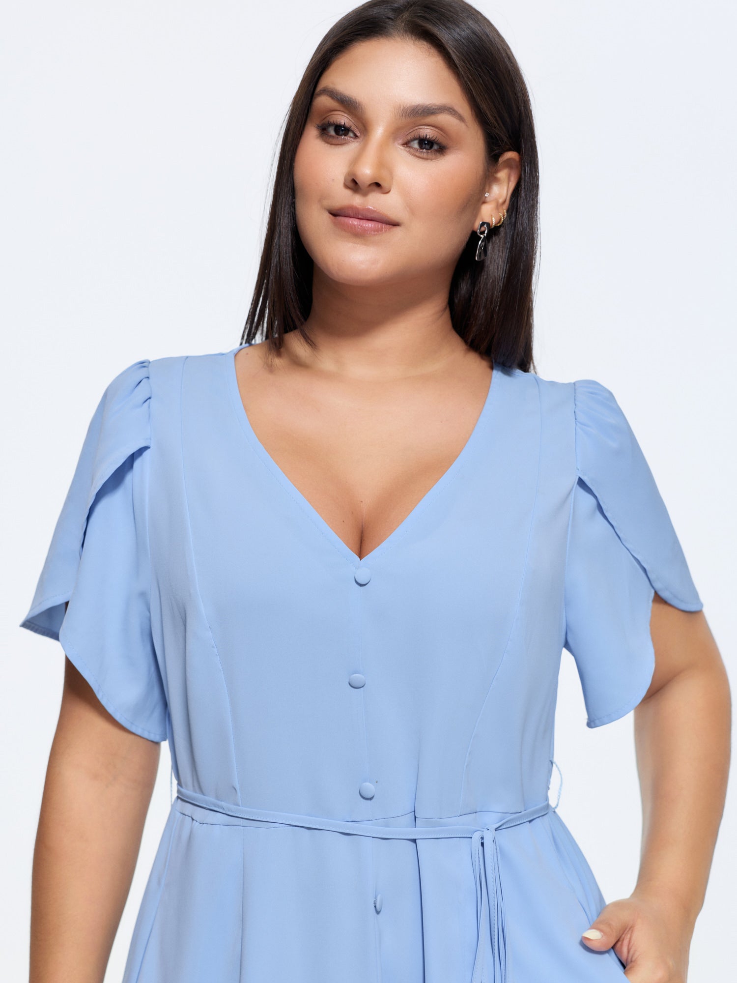 Petal Sleeve Drawstring Waist Plain Maxi Dress