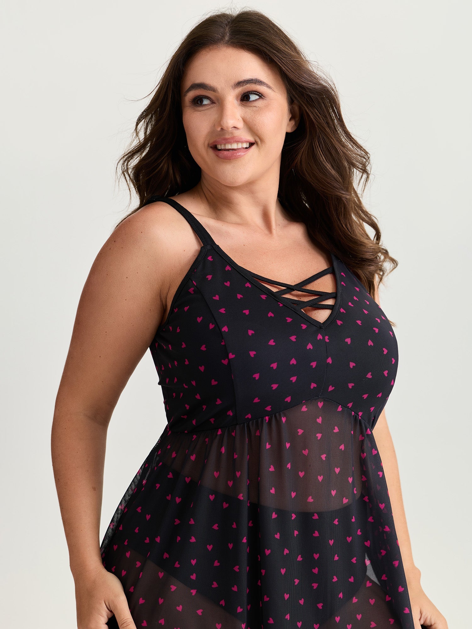 Sweetheart Print Sheer Crisscross Neckline Nightgown