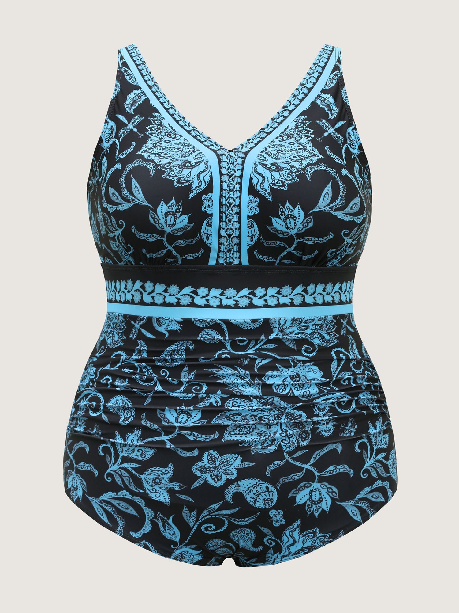 Boho Floral Print Ruched One-Piece Swimsuit